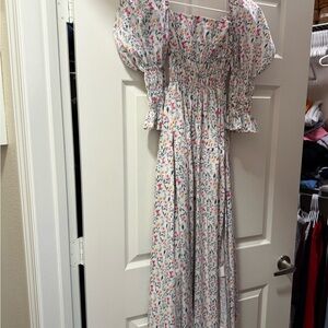 Sunday Floral Shirred Maxi Dress in Cream with Pink & Green Accents